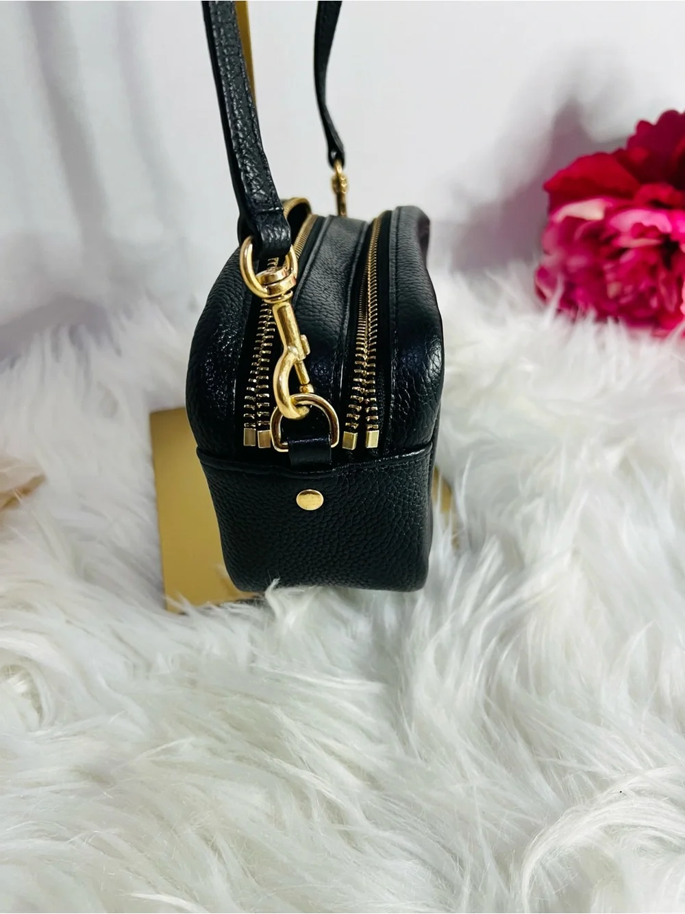 Tory Burch Black Pebbled Leather Perry Bombe Mini Crossbody with Gold Hardware